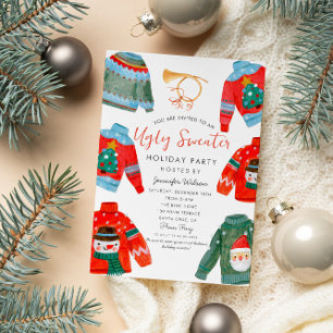 Invitation de fête de Noël au pull moche aquarelle
