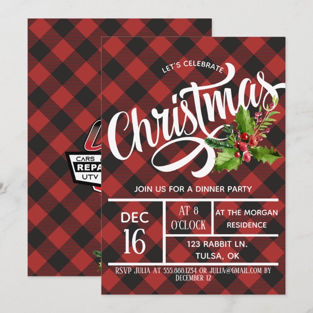 Invitation de fête de Noël en buffle rouge et noir (Devant / Derrière)