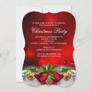 Invitation de fête de Noël Red & Gold Holly Bells