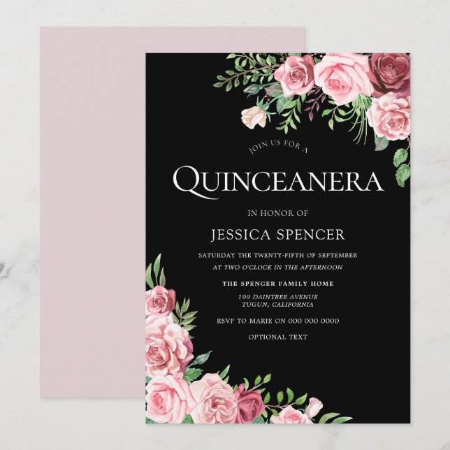 Invitation de fête de Quinceanera à la teinte noir (Devant / Derrière)