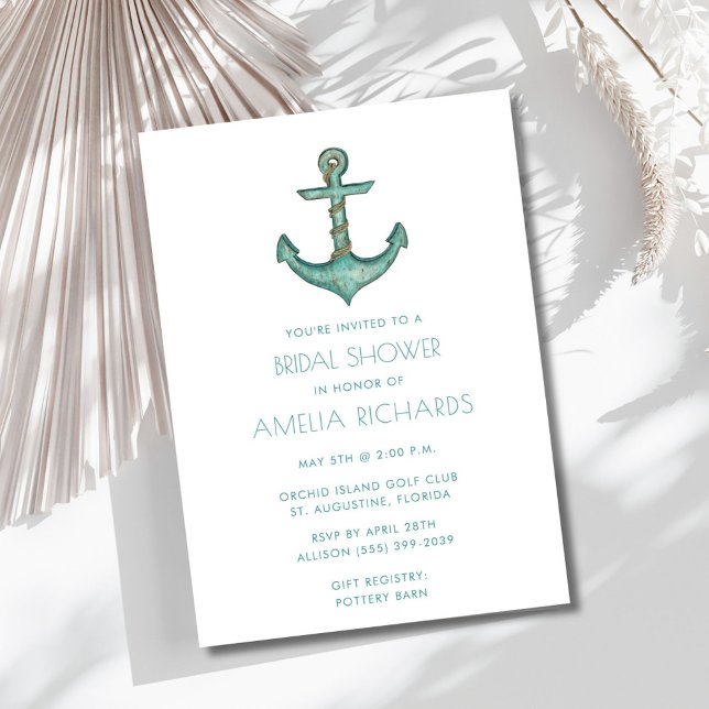 Invitation de Fête des mariées de bande Turquoise  (Nautical Anchor Teal Stripe Bridal Shower Invite)