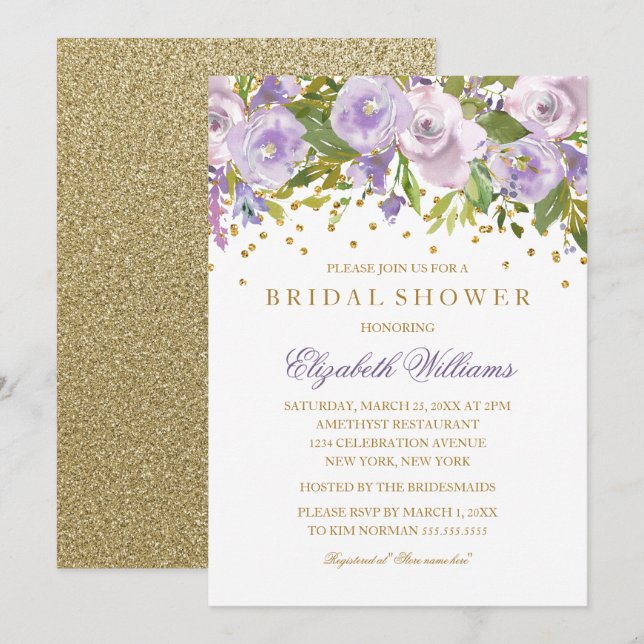 Invitation de Fête des mariées d'or pourpre floral (Devant / Derrière)