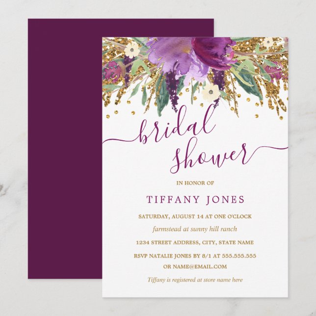 Invitation de Fête des mariées florale Confetti or (Devant / Derrière)