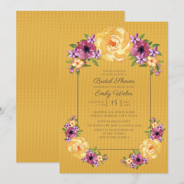 Invitation de Fête des mariées florale jaune mouta (Devant / Derrière)