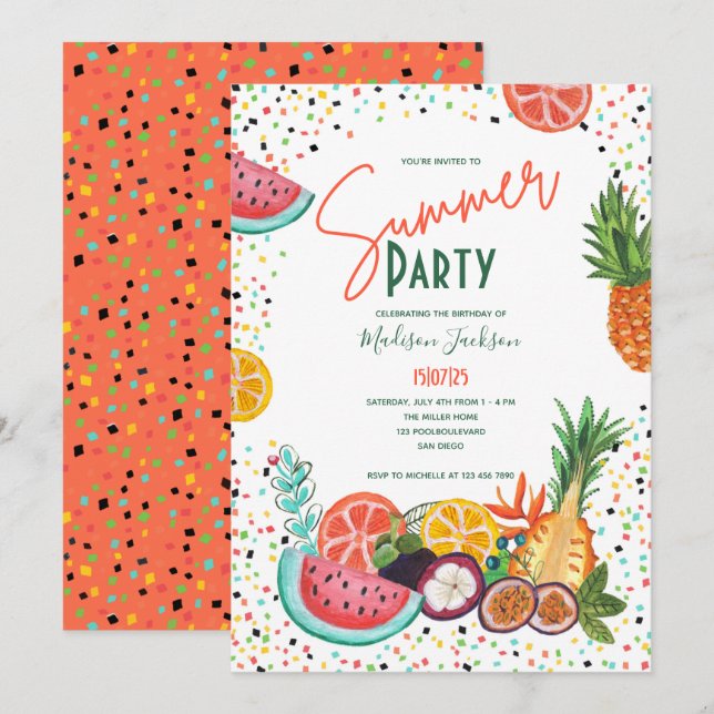 Invitation de fête d'été aux fruits tropicaux (Devant / Derrière)
