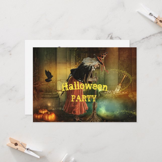 Invitation de fête d'Halloween avec sorcière Vinta (Devant/Arrière en situation)