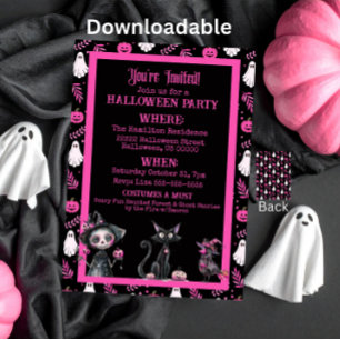 Invitation de fête d'Halloween rose noir et blanc 