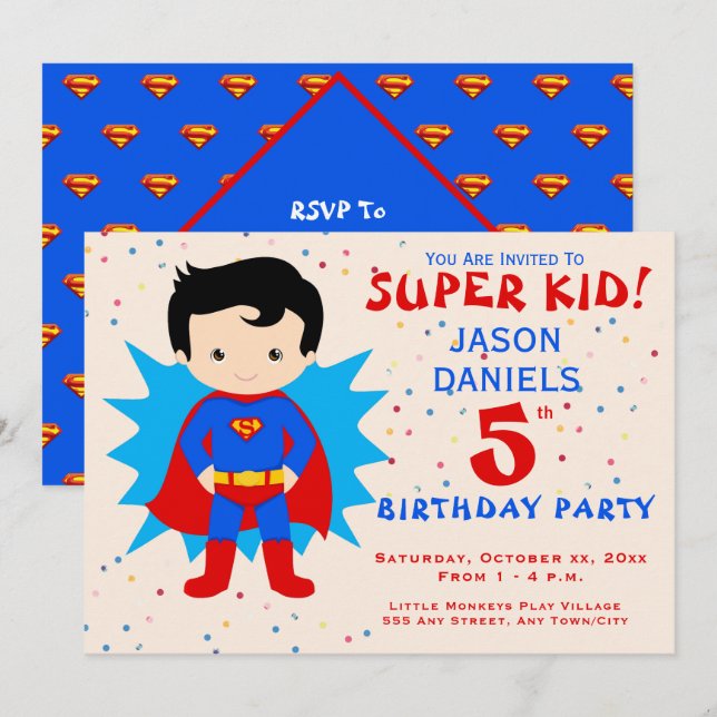Invitation de fête du 5e anniversaire - Super Kid! (Devant / Derrière)
