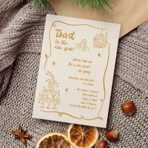 Invitation de fête du Nouvel An illustrée en or de
