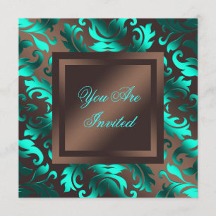 Invitation de fête en damas bleu aqua chocolat mar