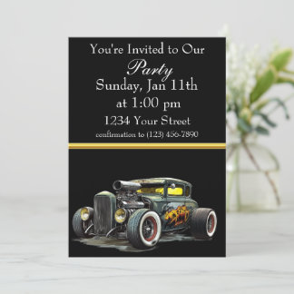 Invitation de fête Hot Rod avec bande de feuille d