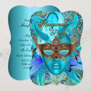 Invitation de fête masquée Masque sarcelle et or