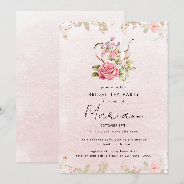 Invitation de fête prénuptiale au thé de la mariée (Devant / Derrière)