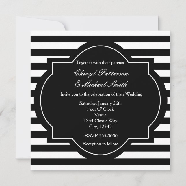 Invitation de fête rayée élégante noir et blanc (Devant)
