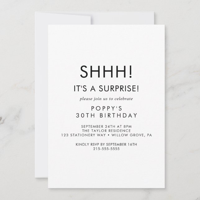 Invitation de fête surprise avec typographie chic (Devant)