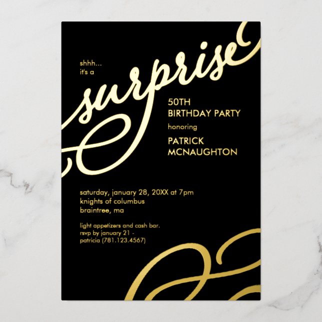 Invitation de fête surprise noir et or à paillette (Recto)