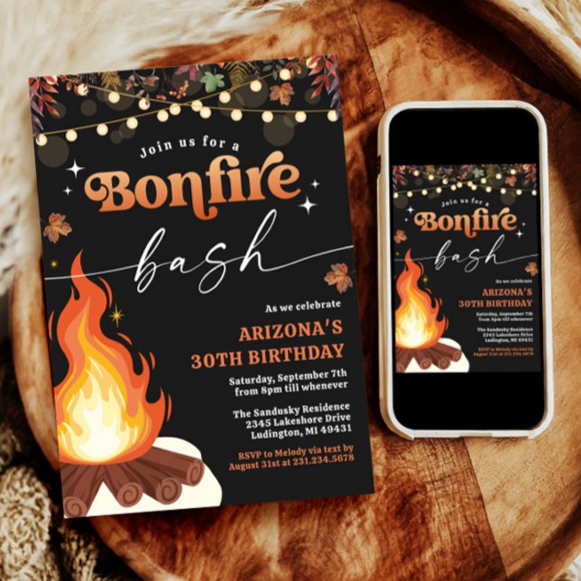 Invitation de feu de camp d'automne moderne, Basso (Modern Fall Bonfire Invitation, Bonfire Bash Invitation)