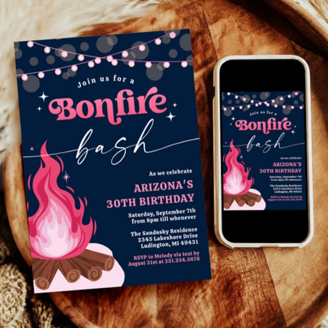 Invitation de feu de camp rose moderne, Bassin de  (Pink Birthday Backyard Bonfire Invitation)