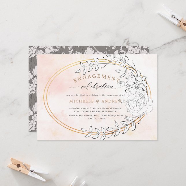 Invitation de Fiançailles Floral Blush Or Moderne (Devant/Arrière en situation)