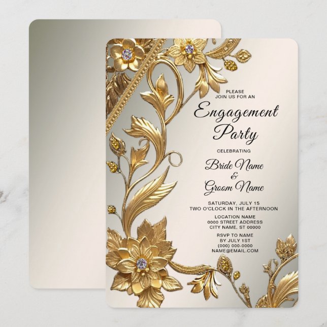 Invitation de Fiançailles Floral Feuille Golden Wa (Devant / Derrière)