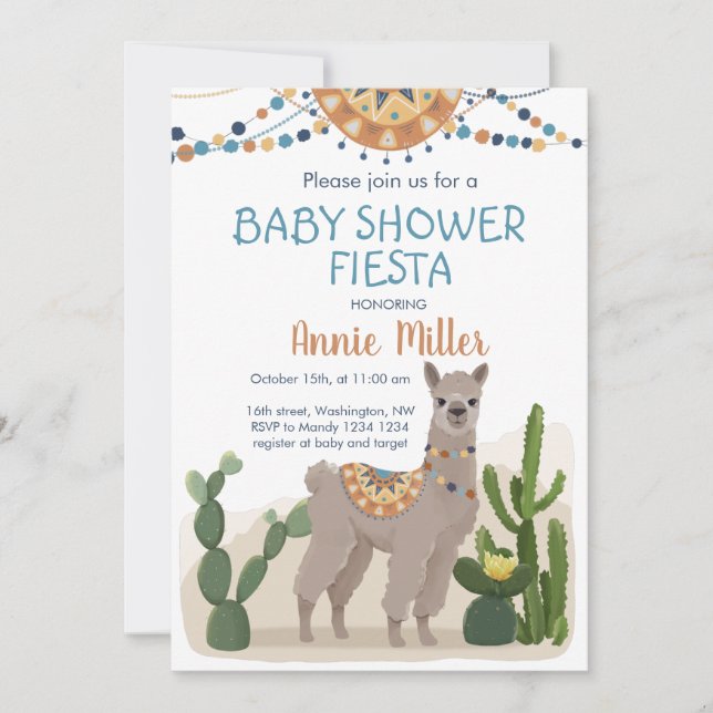 Invitation de Fiesta Cactus Llama Baby shower (Devant)