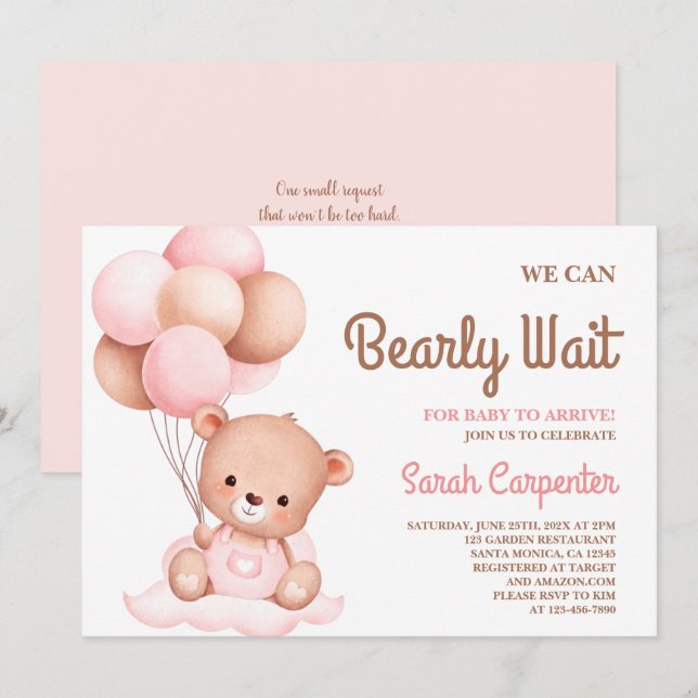 Invitation de fille Baby shower à l'ours mignon (Devant / Derrière)