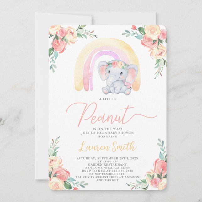 Invitation de fille Baby shower d'éléphant floral (Devant)
