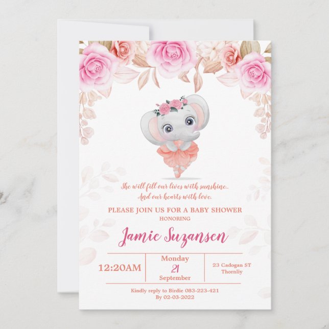 Invitation de fille Baby shower d'éléphant floral  (Devant)