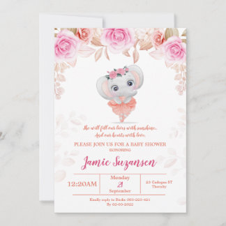 Invitation de fille Baby shower d'éléphant floral 