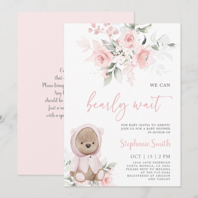 Invitation de fille Baby shower d'ours (Devant / Derrière)