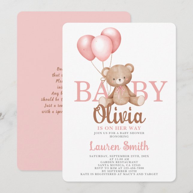 Invitation de fille Baby shower d'ours (Devant / Derrière)