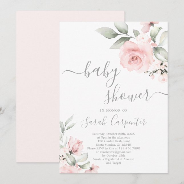 Invitation de fille Baby shower floral rose vif (Devant / Derrière)