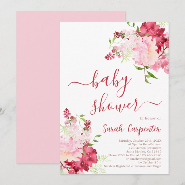 Invitation de fille Baby shower floral rouge et ro (Devant / Derrière)