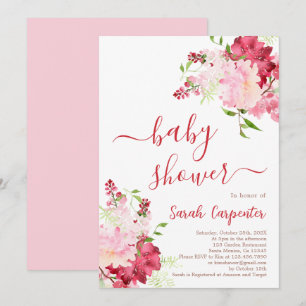 Invitation de fille Baby shower floral rouge et ro