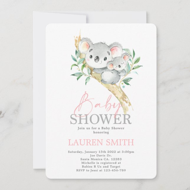 Invitation de fille Baby shower Koala (Devant)