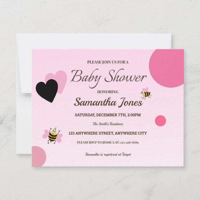 Invitation de fille Baby shower Pink Bumblebee (Devant)