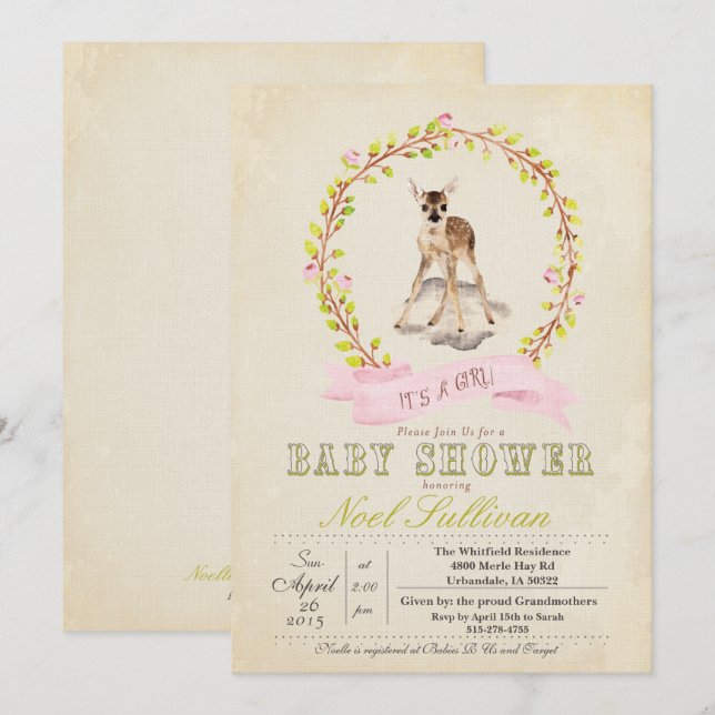 Invitation de fille de baby shower de cerfs (Devant / Derrière)