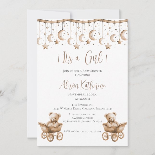 Invitation de fille de Baby shower d'ours (Devant)