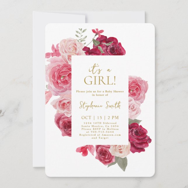 Invitation de fille de Baby shower rose et rouge (Devant)