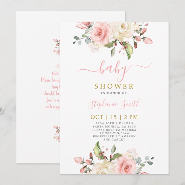 Invitation de fille de Baby shower rose pâle (Devant / Derrière)