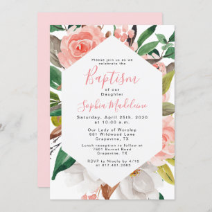 Invitation de fille de l'aquarelle florale Baptême