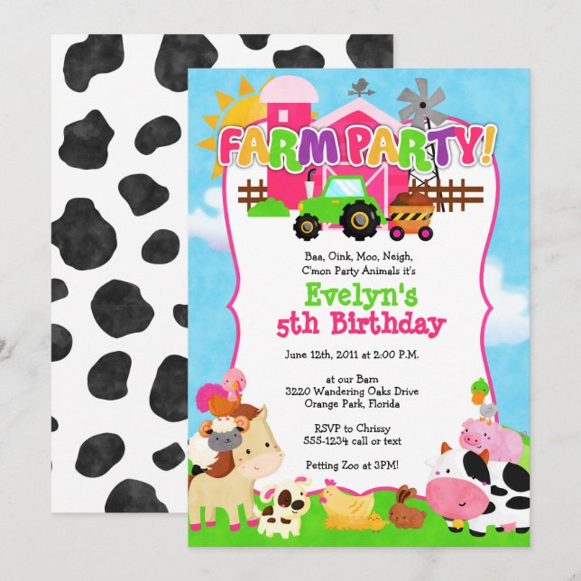 Invitation de filles à la ferme - Anniversaire de  (Devant / Derrière)