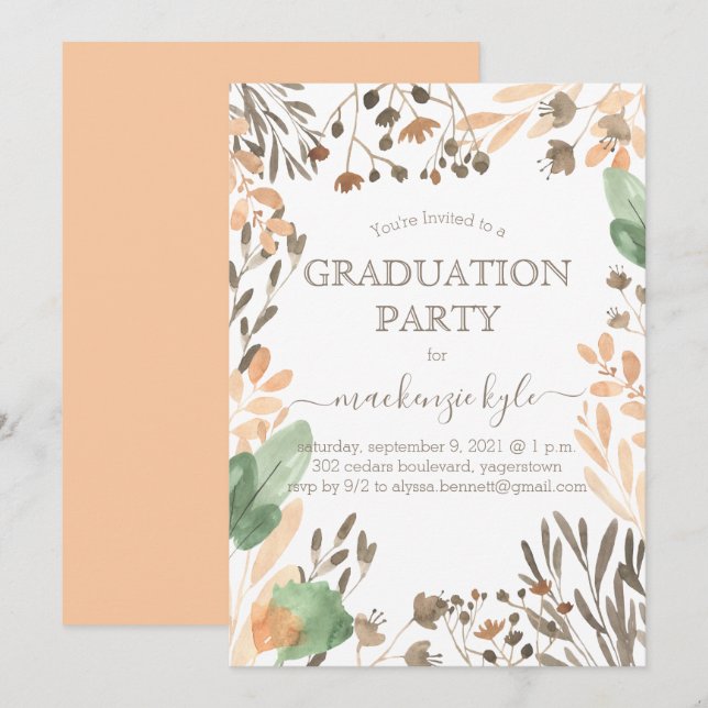 Invitation de fin d'études à l'aquarelle Boho verd (Devant / Derrière)