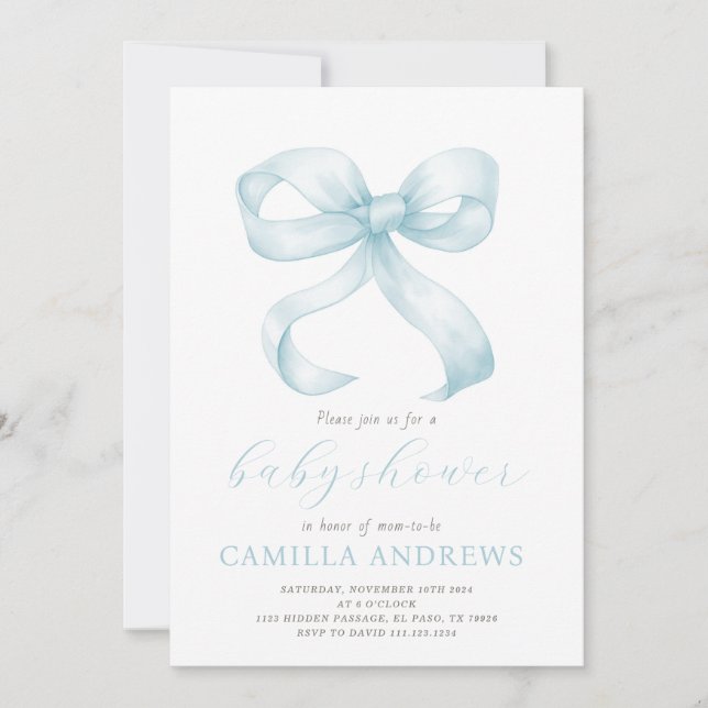 Invitation de Garçon Baby shower Bleu Bow (Devant)