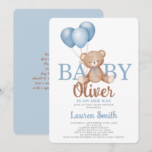 Invitation de garçon Baby shower d'ours (Devant / Derrière)