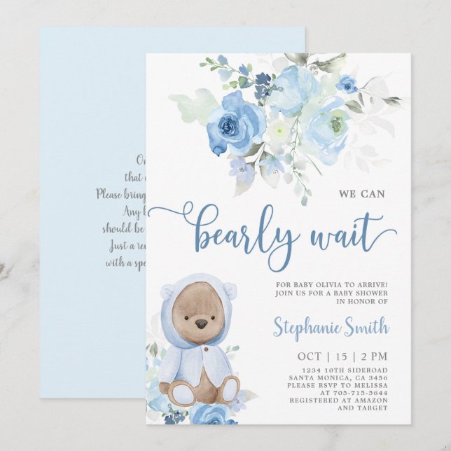 Invitation de garçon Baby shower d'ours (Devant / Derrière)