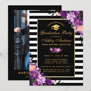Invitation de graduation à rayures d'or violet - R