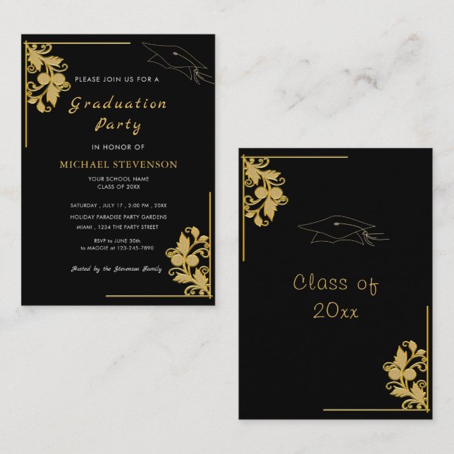 Invitation de graduation Black Gold personnalisée  (Devant / Derrière)