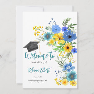 Invitation de graduation Boho Jaune & Bleu Floral