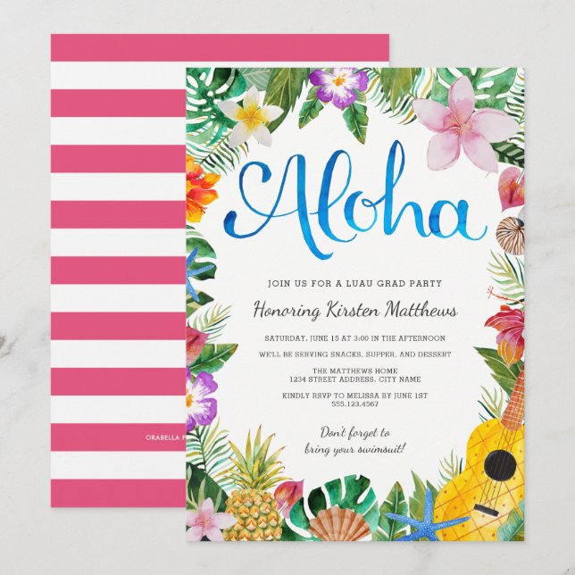 Invitation de graduation de fête de luau tropical  (Devant / Derrière)